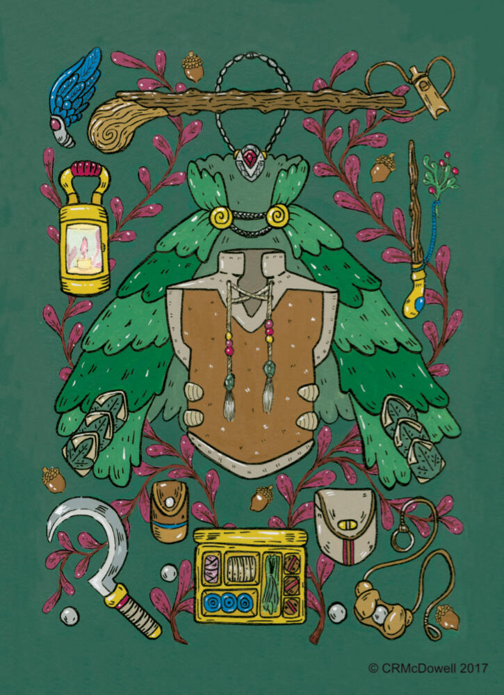Various equipment and items that would go well with the druid class, including tools, weapons, armor, quarterstaff, herbal kit, whistle, pouches, lamp, and bird wing and wand focus. Items are painted in greens, browns, and de-saturated purples on a green b