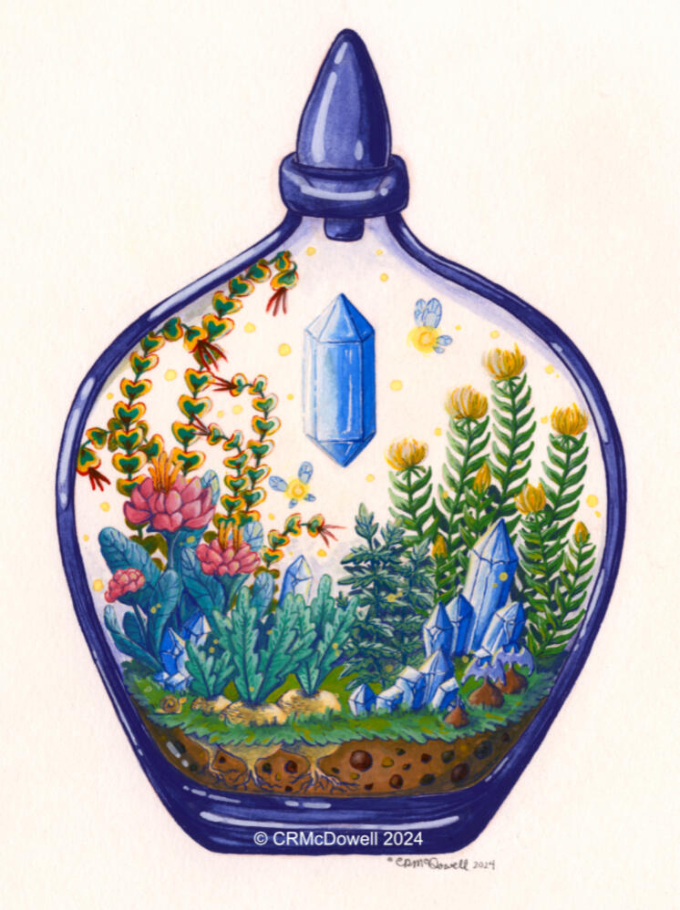 A dark blue glass terrarium with various plants and blue crystals inspired by the Final Fantasy video game series.